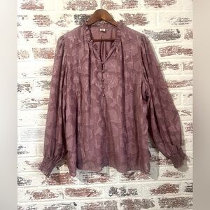 Autres Filles Blouse Floral Partial Button Up Smocked Cuff Lined Sheer Sz 2X